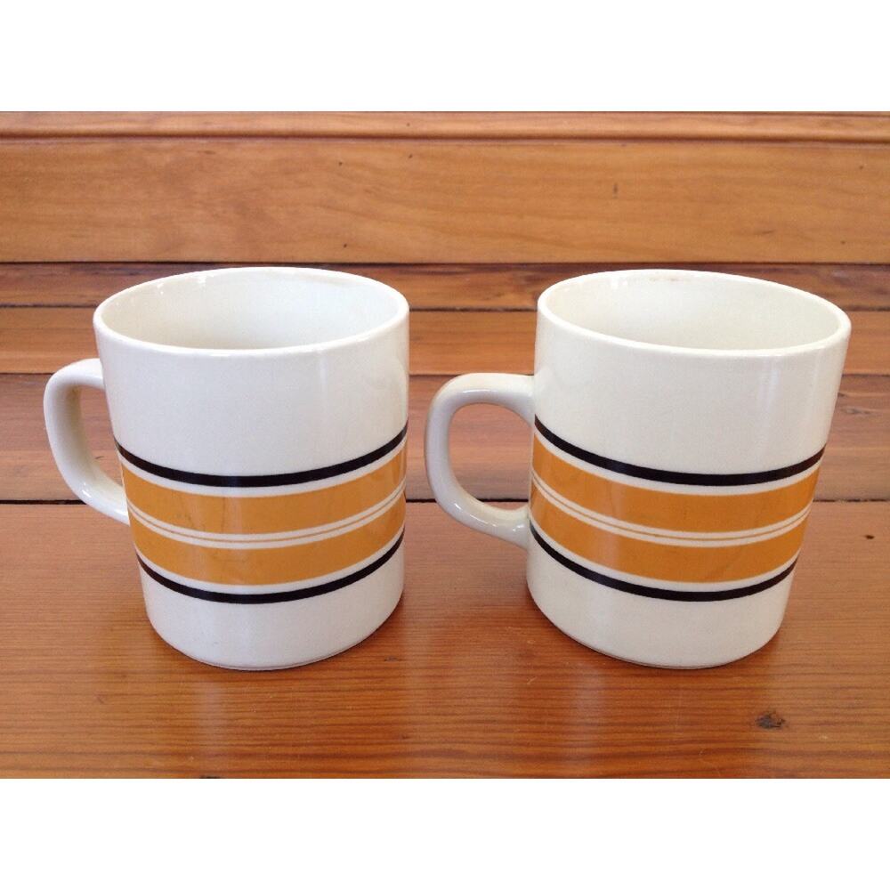 Pair Vintage 70s 80s Marco Polo Fine China White Ceramic Striped Coffee Mugs